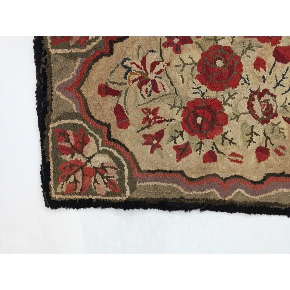 Vintage Hand Hooked Rug 24x37 Primitive Red Gold Floral Pattern Cottagecore